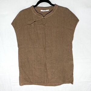 Lauren Vidal Tan Brown Linen Cap Sleeve Tunic Blouse with Mandarin Collar L